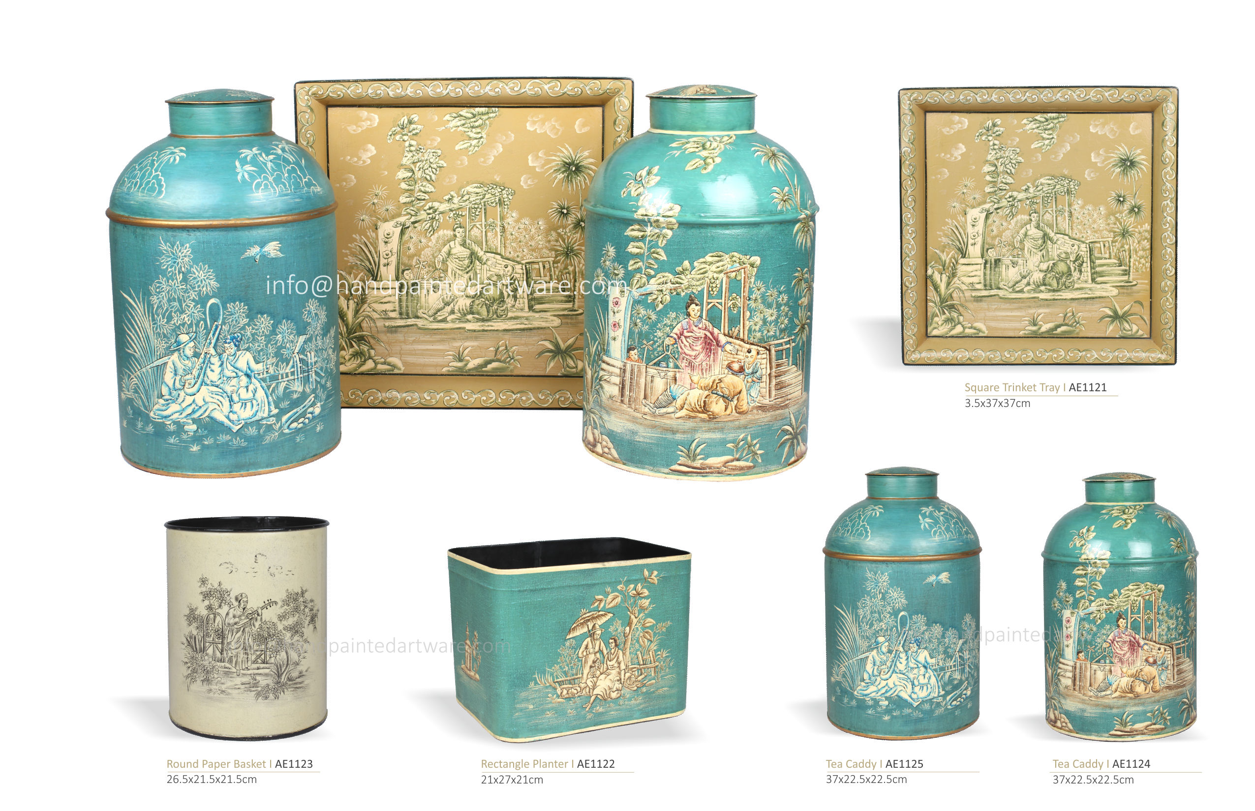green chinoiserie hand painted toleware tea caddy