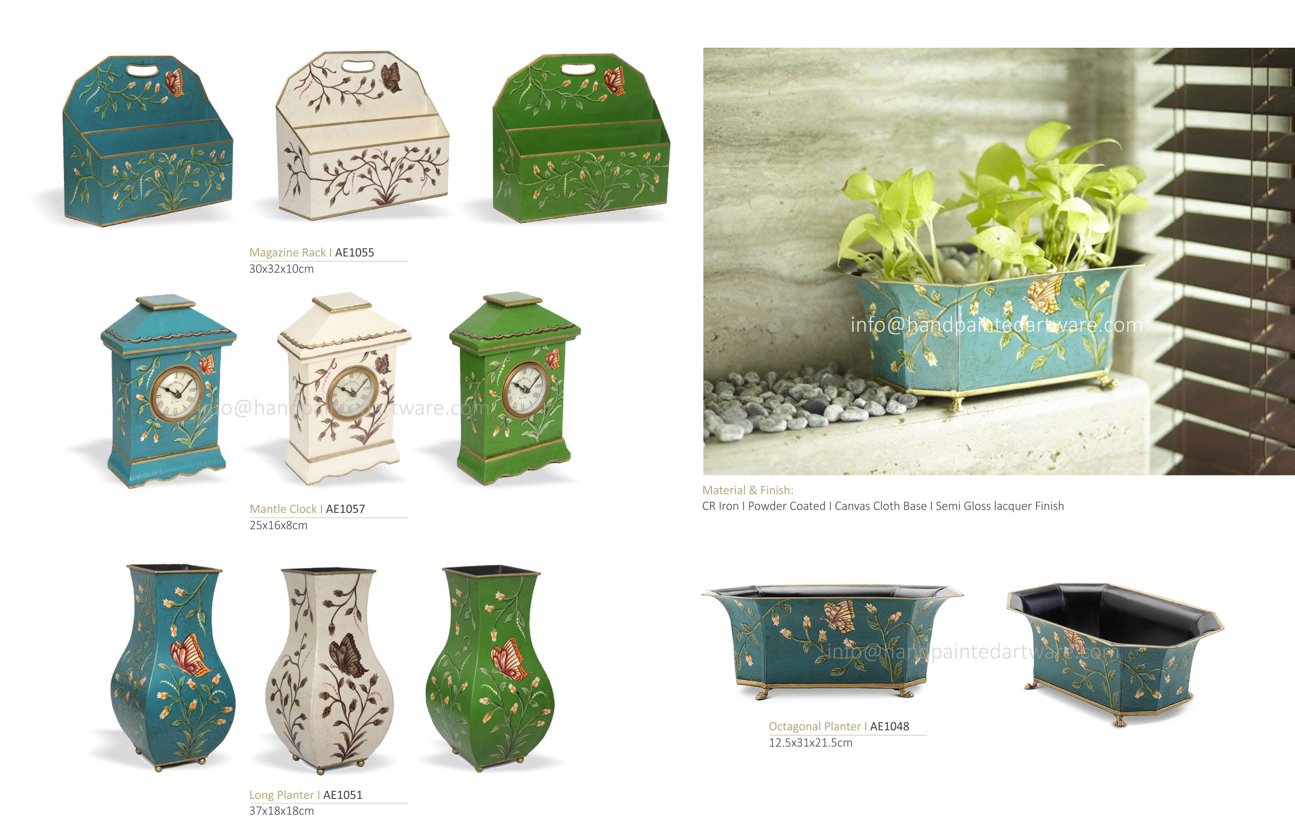 green-chinoiserie-hand-painted-tole-clock hand painted toleware planters and vases Provence style India