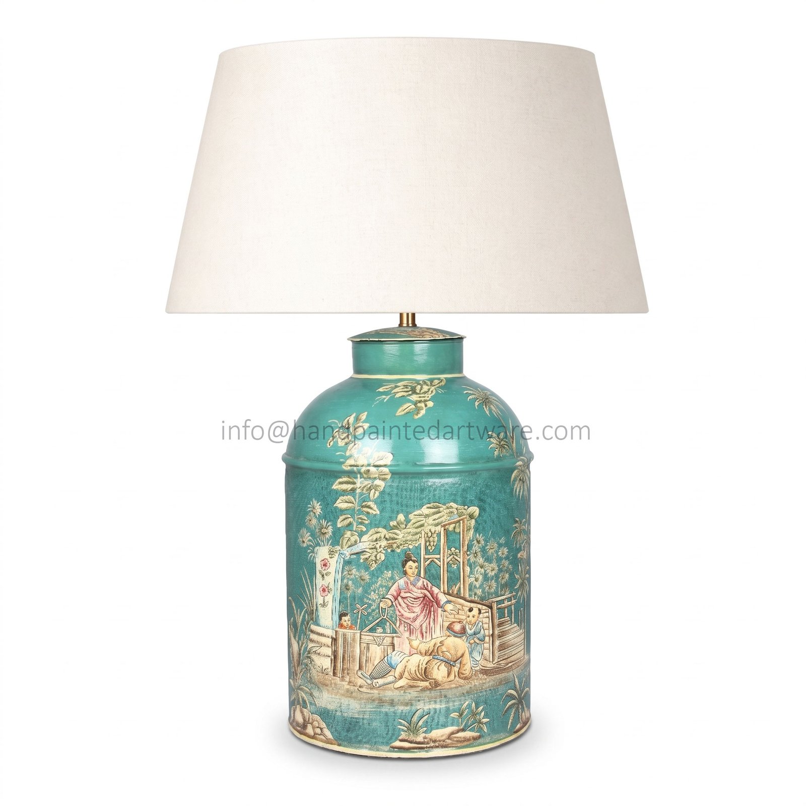 Hand-painted tea caddy lamp bases in toleware