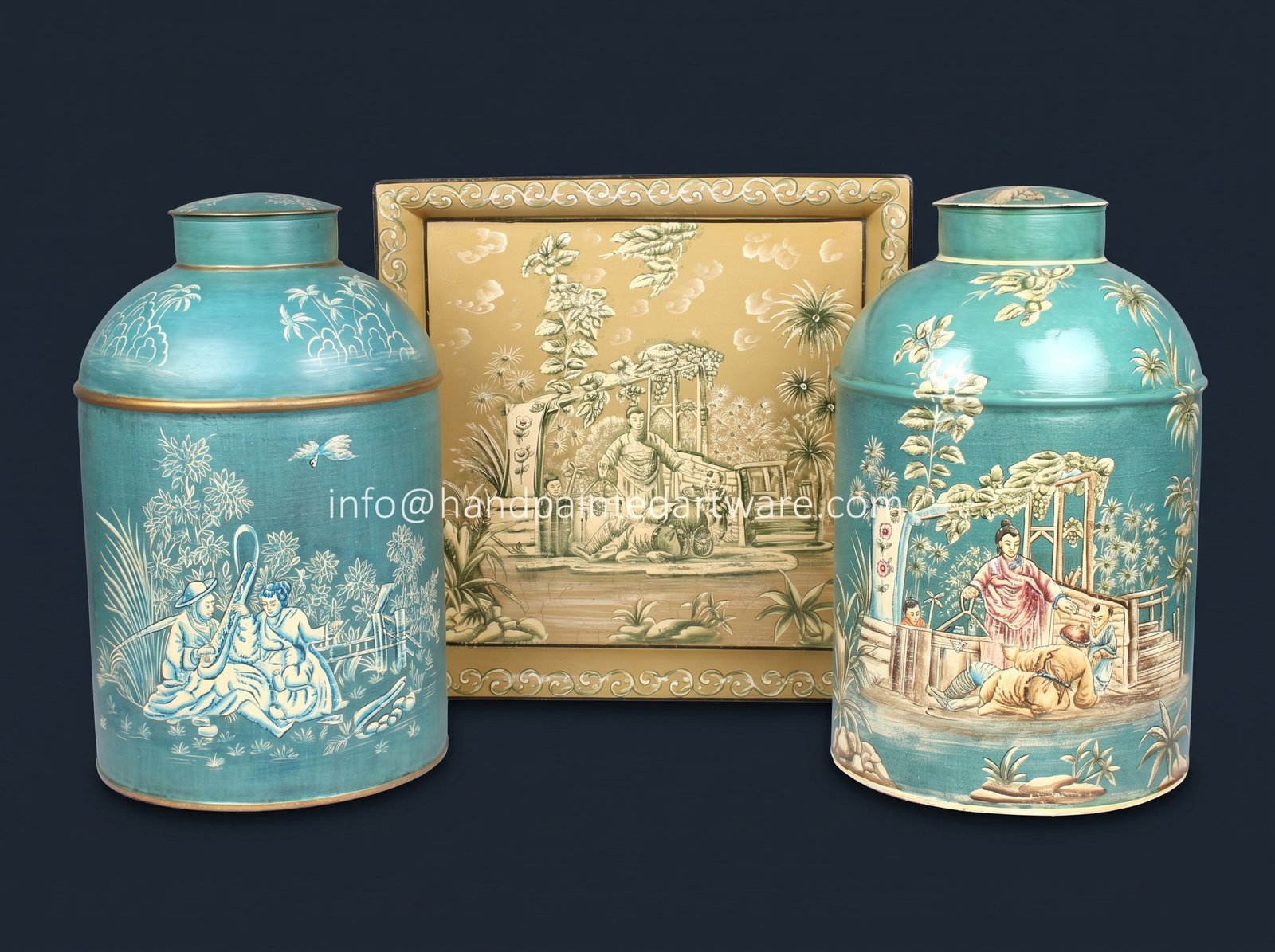 Hand-painted toleware tea caddy lamp bases and decorative metal artwork